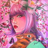 Lotus Queen and the Moon Rabbit ~ Hand Embellished Art Print