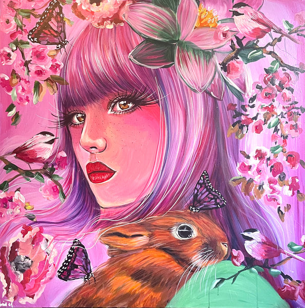 Lotus Queen and the Moon Rabbit ~ Hand Embellished Art Print